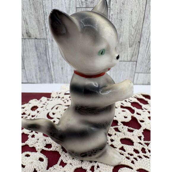 Vintage Anthromorphic Gray White Stripe Kitten Red Bow - Picture 2 of 7